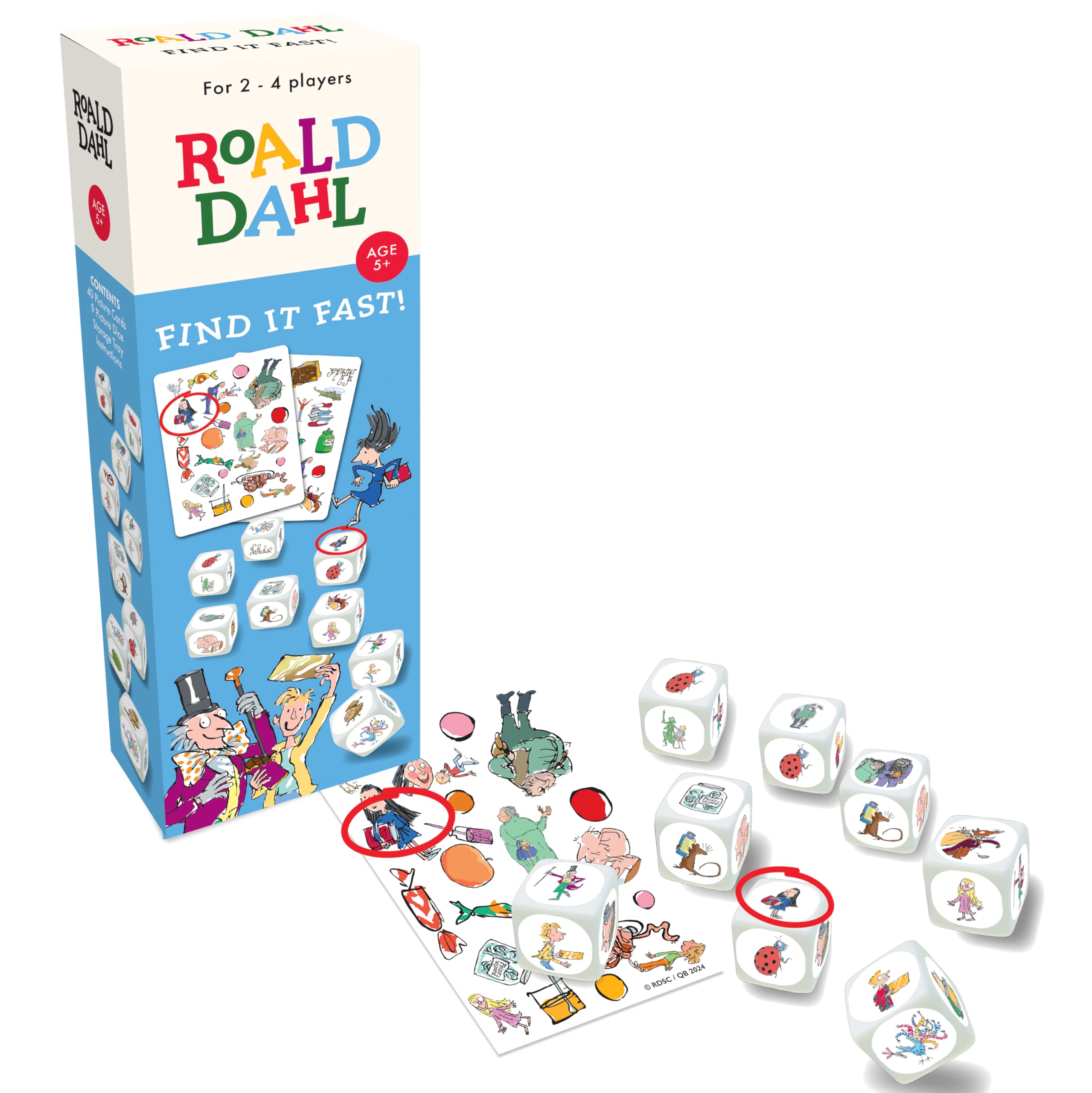 Roald Dahl Find It Fast Card Game, Ages 5+, 2-4 Players, Family Dice Game, Blue and White