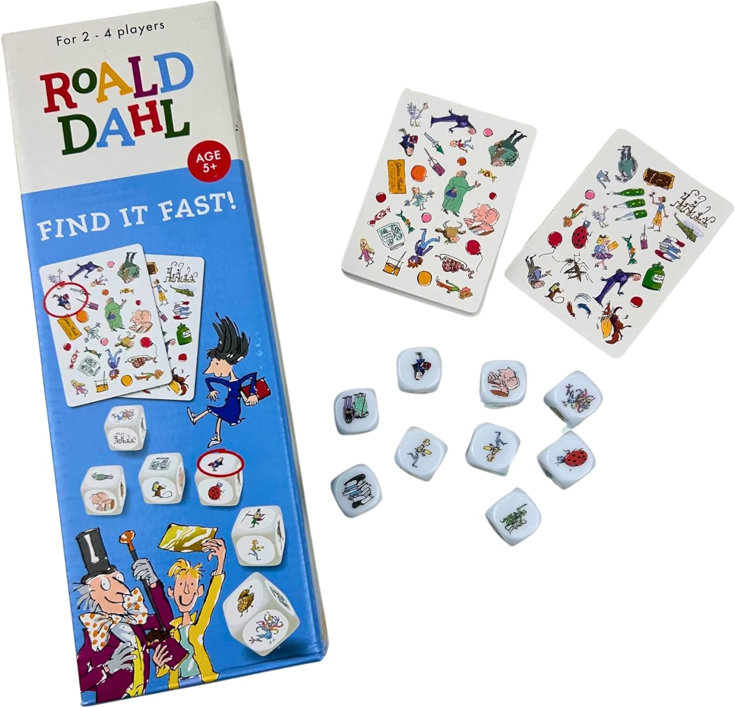 Roald Dahl Find It Fast Card Game, Ages 5+, 2-4 Players, Family Dice Game, Blue and White