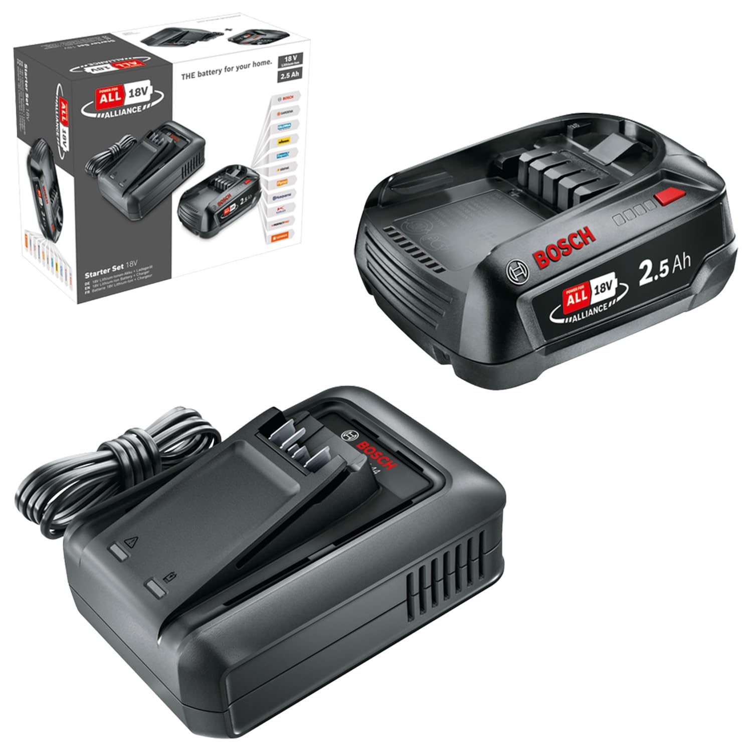 Bosch Akku und Schnellladegerät Starter Set 18V (1x 2,5Ah Li-Ionen-Akku; 1x Schnellladegerät; POWER FOR ALL 18V Alliance)