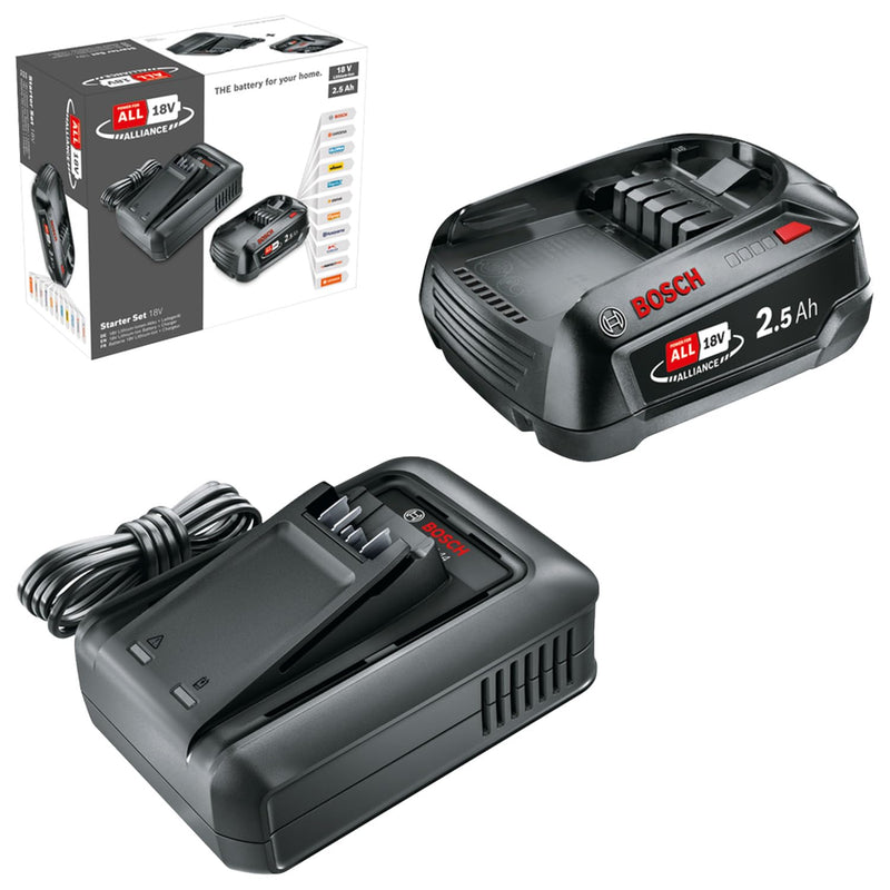 Bosch Akku und Schnellladegerät Starter Set 18V (1x 2,5Ah Li-Ionen-Akku; 1x Schnellladegerät; POWER FOR ALL 18V Alliance)