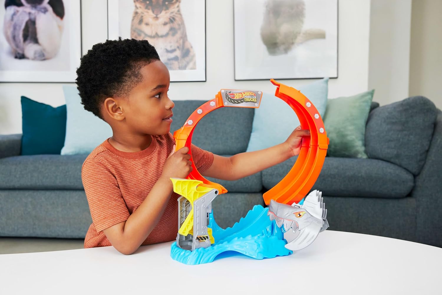 Hot Wheels Toy Monster Trucks 1:64 Scale Corkscrew and Mega Wrex Vehicle with Loop Warf to Defeat Nemesis