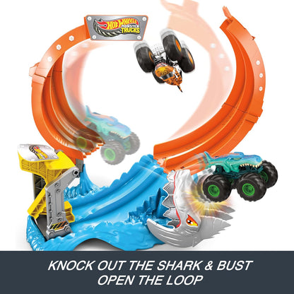 Hot Wheels Toy Monster Trucks 1:64 Scale Corkscrew and Mega Wrex Vehicle with Loop Warf to Defeat Nemesis
