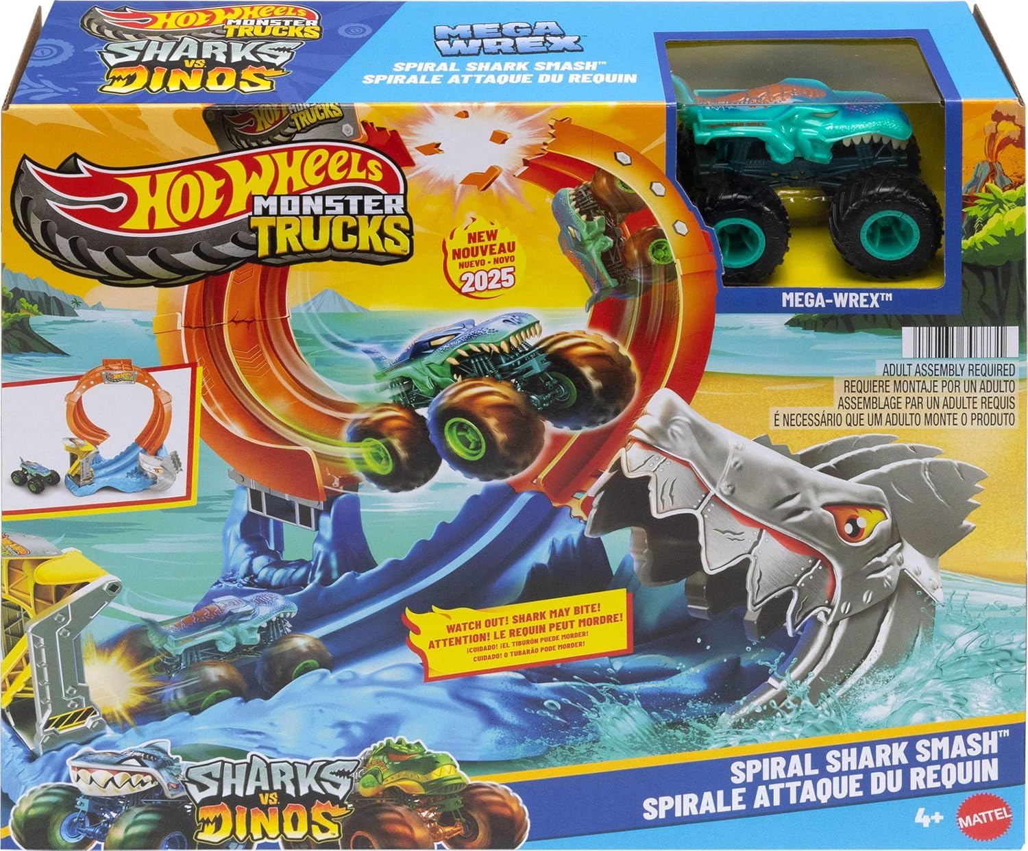 Hot Wheels Toy Monster Trucks 1:64 Scale Corkscrew and Mega Wrex Vehicle with Loop Warf to Defeat Nemesis