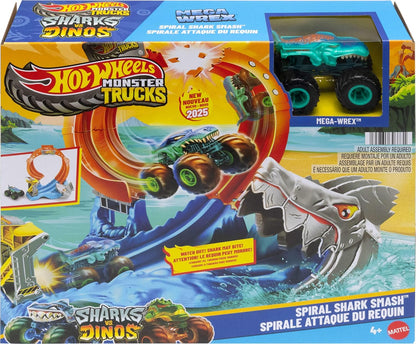 Hot Wheels Toy Monster Trucks 1:64 Scale Corkscrew and Mega Wrex Vehicle with Loop Warf to Defeat Nemesis