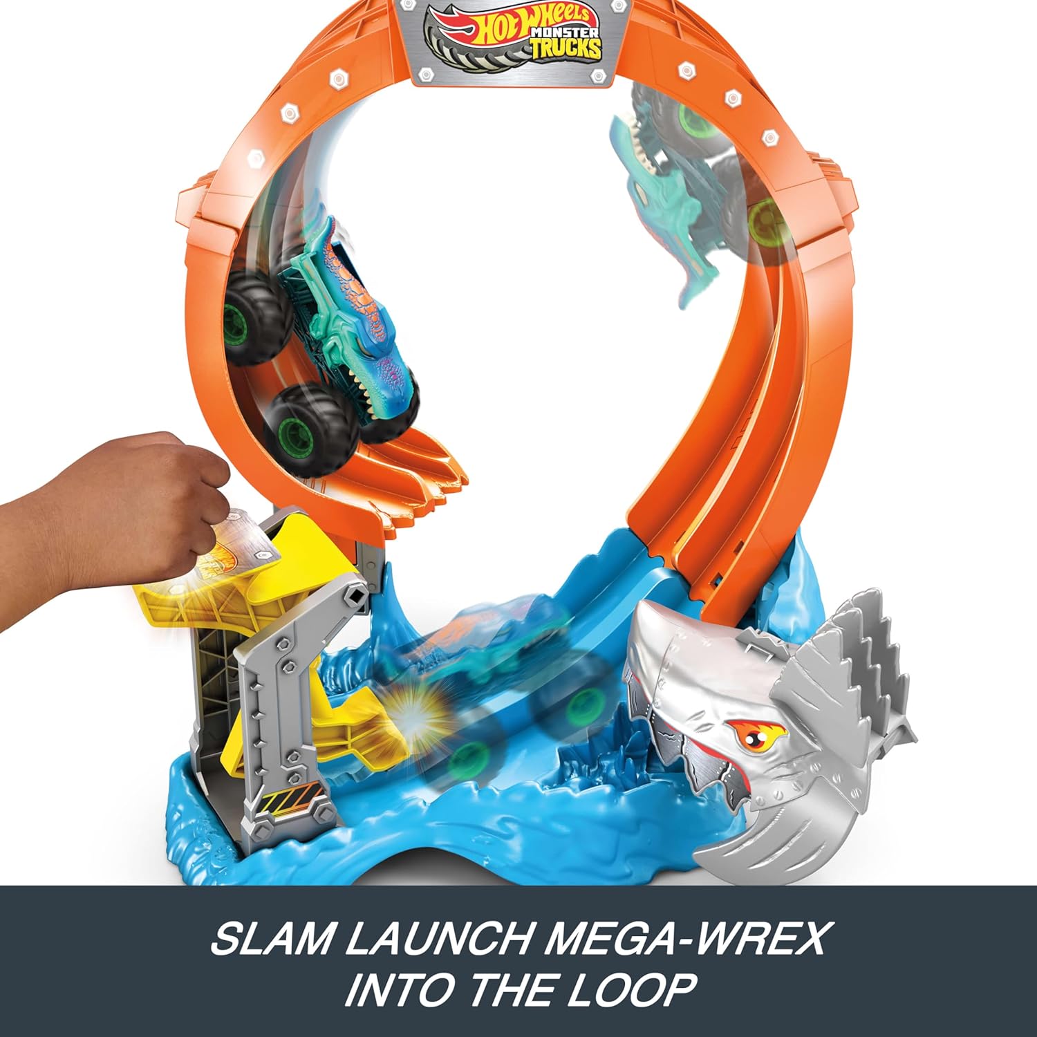 Hot Wheels Toy Monster Trucks 1:64 Scale Corkscrew and Mega Wrex Vehicle with Loop Warf to Defeat Nemesis