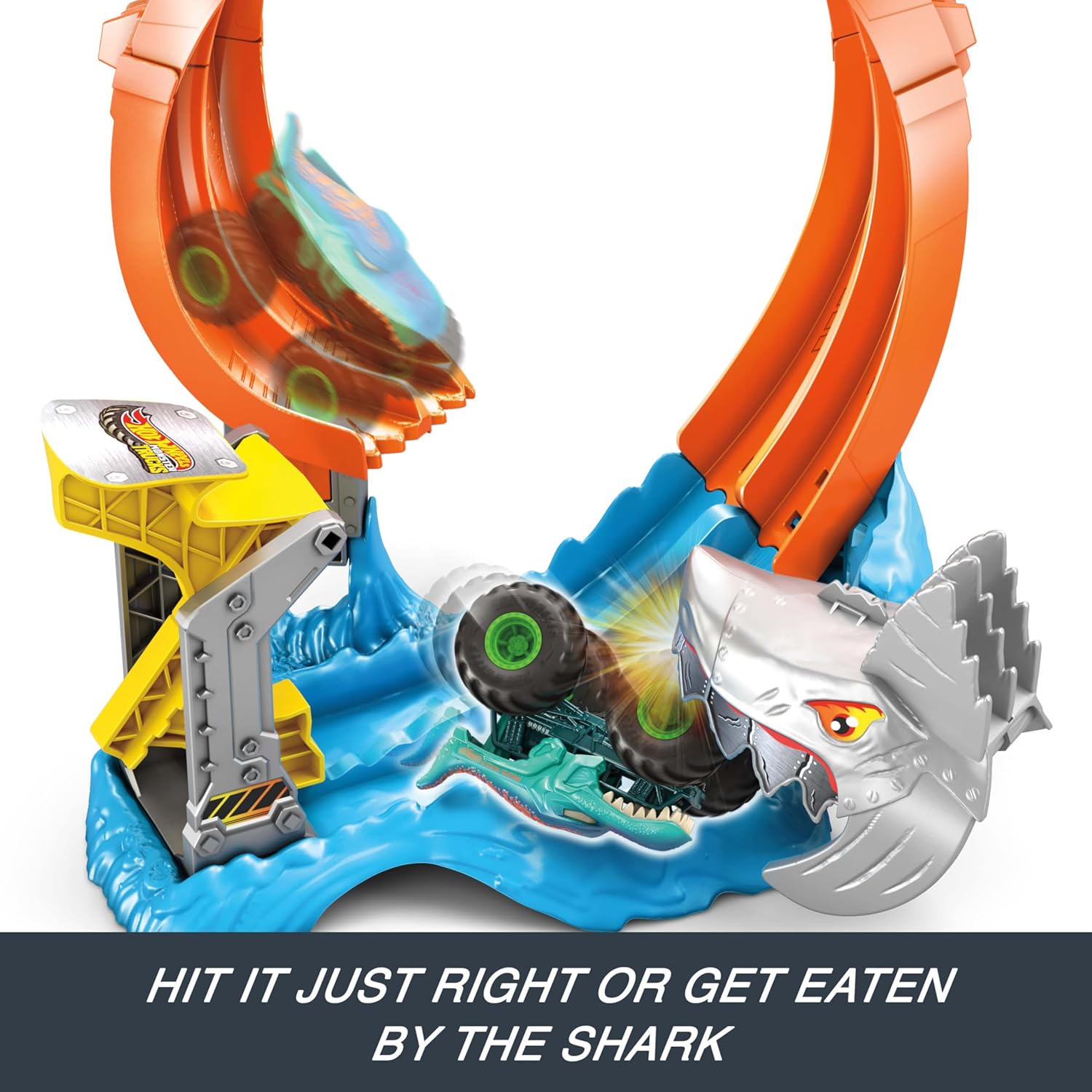 Hot Wheels Toy Monster Trucks 1:64 Scale Corkscrew and Mega Wrex Vehicle with Loop Warf to Defeat Nemesis