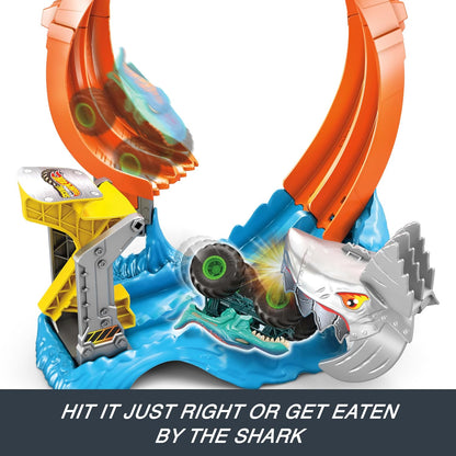 Hot Wheels Toy Monster Trucks 1:64 Scale Corkscrew and Mega Wrex Vehicle with Loop Warf to Defeat Nemesis