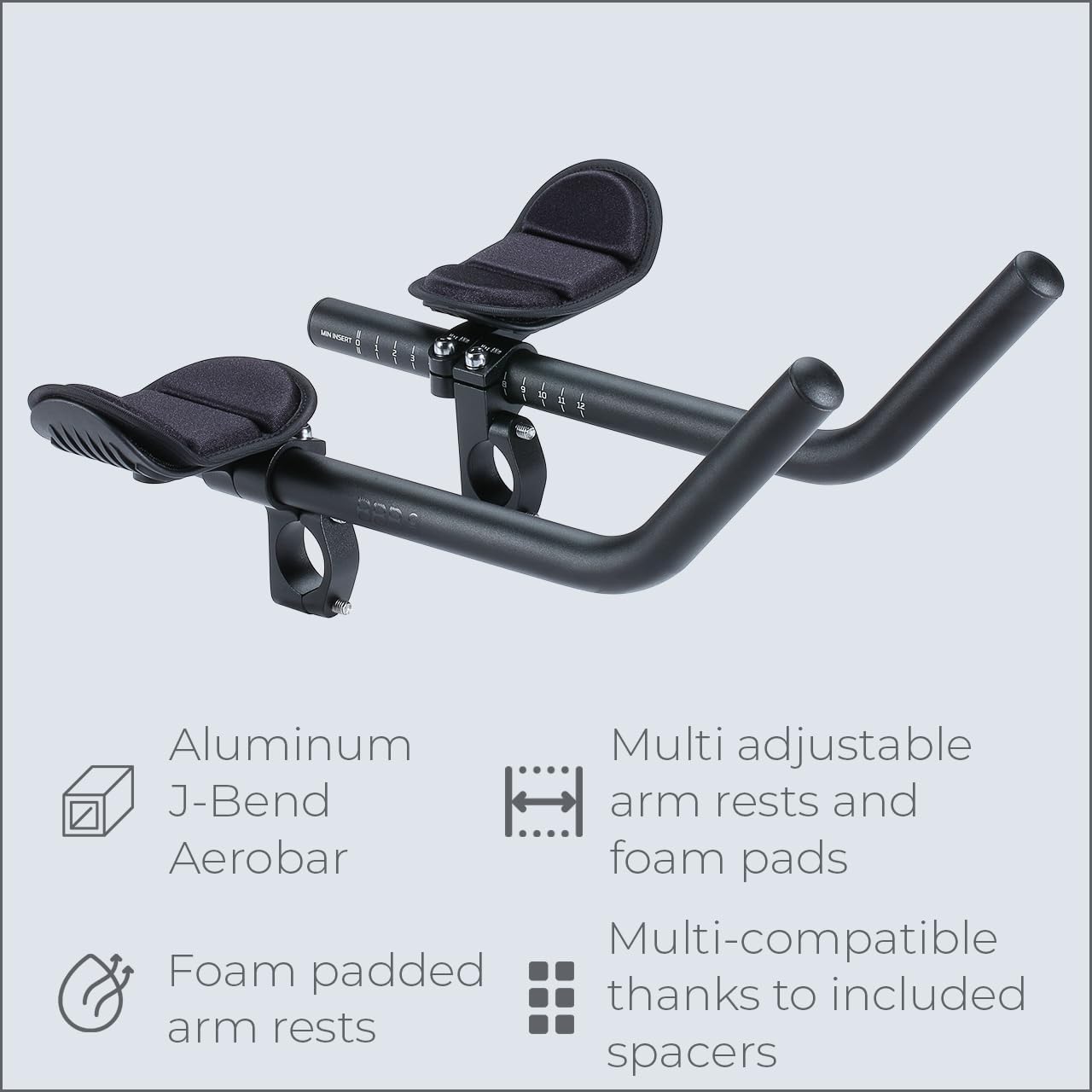 BBB Cycling Aero Bars Maximale Aerodynamik Fahrradlenker Aluminium, Extra lange J-Bend Armlehne für Rennräder Triathlon Lenkerstütze Rutschfeste Fahrradgriffe AeroMax BHB-60, Ø 25.4 / 31.8 mm