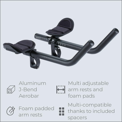 BBB Cycling Aero Bars Maximale Aerodynamik Fahrradlenker Aluminium, Extra lange J-Bend Armlehne für Rennräder Triathlon Lenkerstütze Rutschfeste Fahrradgriffe AeroMax BHB-60, Ø 25.4 / 31.8 mm