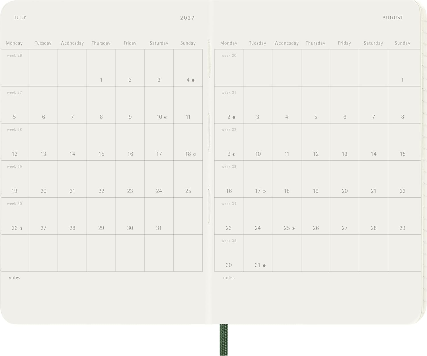 Moleskine Daily Planner 2027, Soft Cover 12 Month Diary with Elastic Closure, Pocket Size 9x14 Cm, Myrtle Green