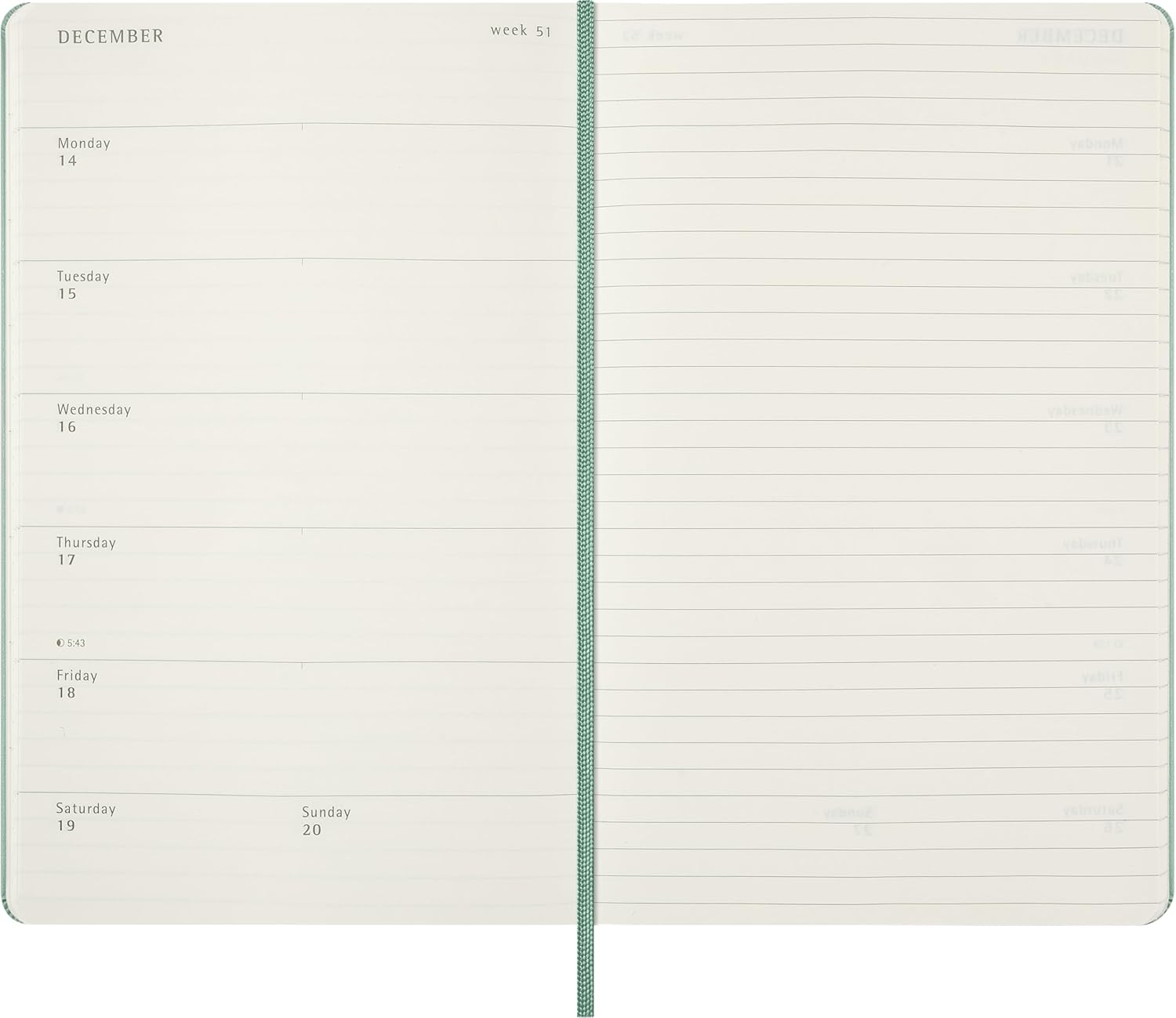 Moleskine Weekly Planner 2027, Hard Cover 12 Month Diary with Space for Notes and Elastic Closure, Large 13x21 Cm, Sage Green