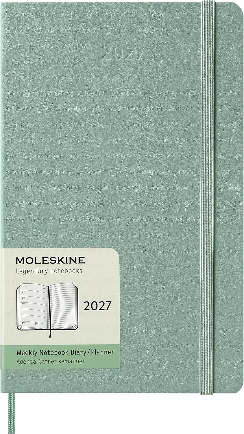 Moleskine Weekly Planner 2027, Hard Cover 12 Month Diary with Space for Notes and Elastic Closure, Large 13x21 Cm, Sage Green
