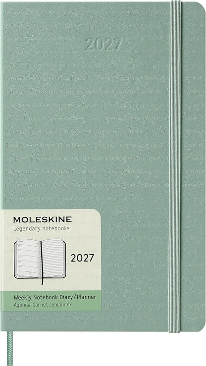 Moleskine Weekly Planner 2027, Hard Cover 12 Month Diary with Space for Notes and Elastic Closure, Large 13x21 Cm, Sage Green