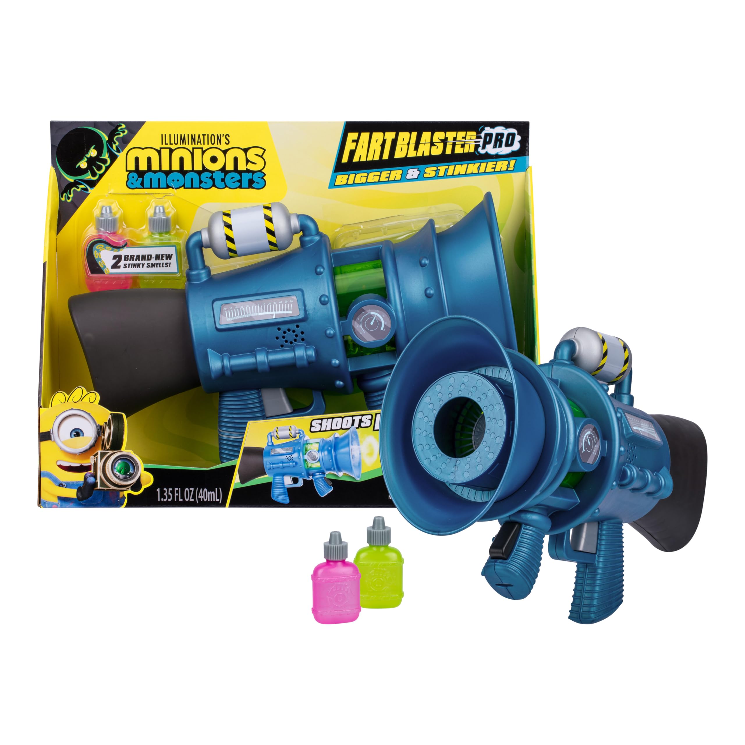 Illumination's Minions & Monsters Fart Blaster Pro with 8 Stink Settings, Shoots Stinky Fart Rings up to 6 ft (1.8 m) Away, Includes 2 Different Scented Fart Formulas