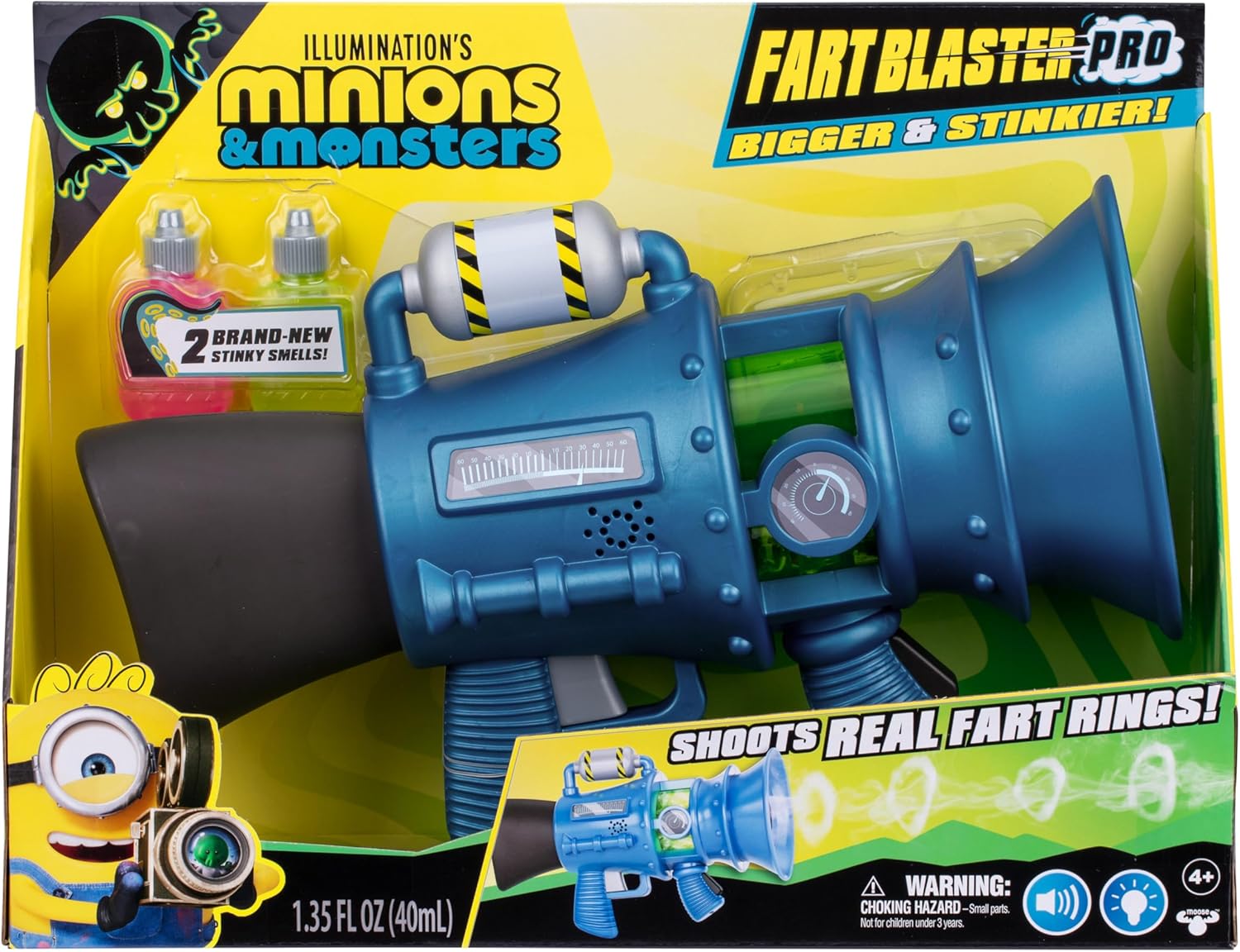 Illumination's Minions & Monsters Fart Blaster Pro with 8 Stink Settings, Shoots Stinky Fart Rings up to 6 ft (1.8 m) Away, Includes 2 Different Scented Fart Formulas