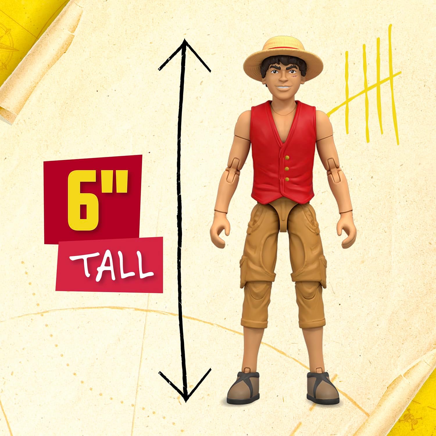 One Piece Monkey D. Luffy Action Figure, 6″ (15 cm) with 6 Accessories, Includes Swappable Arms and Legs, Wanted Poster, and Berry Coin Display Base