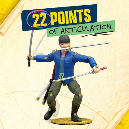 One Piece Actionfigur Zorro, 15,24 cm, mit 5 Zubehörteilen, enthält austauschbare Schwerter, austauschbares Gesicht und Berry-Münzen-Sockel zum Präsentieren