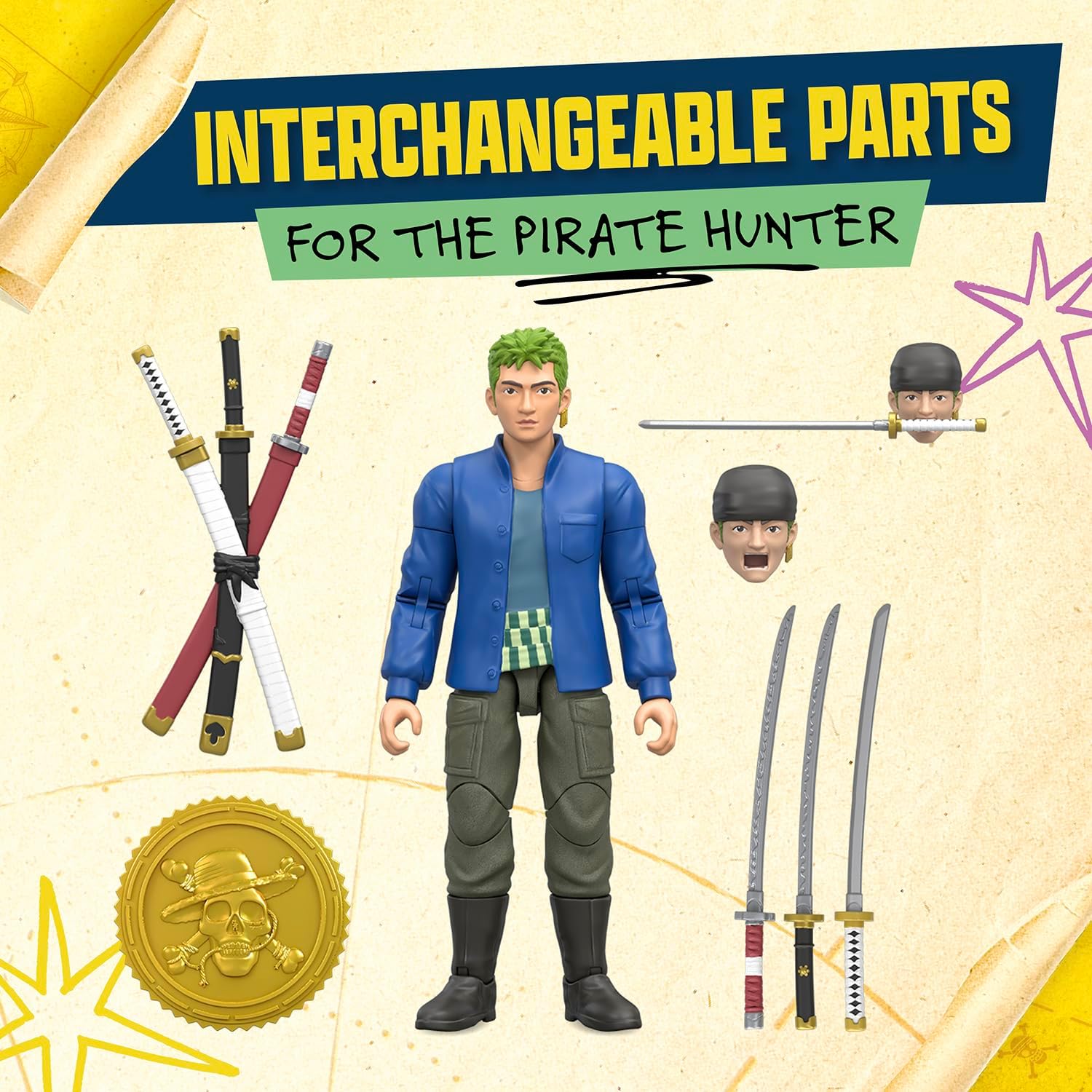 One Piece Actionfigur Zorro, 15,24 cm, mit 5 Zubehörteilen, enthält austauschbare Schwerter, austauschbares Gesicht und Berry-Münzen-Sockel zum Präsentieren