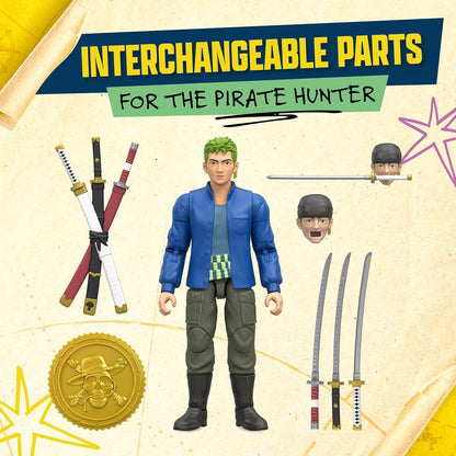 One Piece Actionfigur Zorro, 15,24 cm, mit 5 Zubehörteilen, enthält austauschbare Schwerter, austauschbares Gesicht und Berry-Münzen-Sockel zum Präsentieren