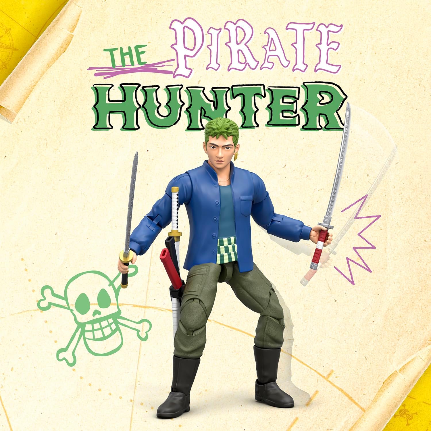 One Piece Actionfigur Zorro, 15,24 cm, mit 5 Zubehörteilen, enthält austauschbare Schwerter, austauschbares Gesicht und Berry-Münzen-Sockel zum Präsentieren