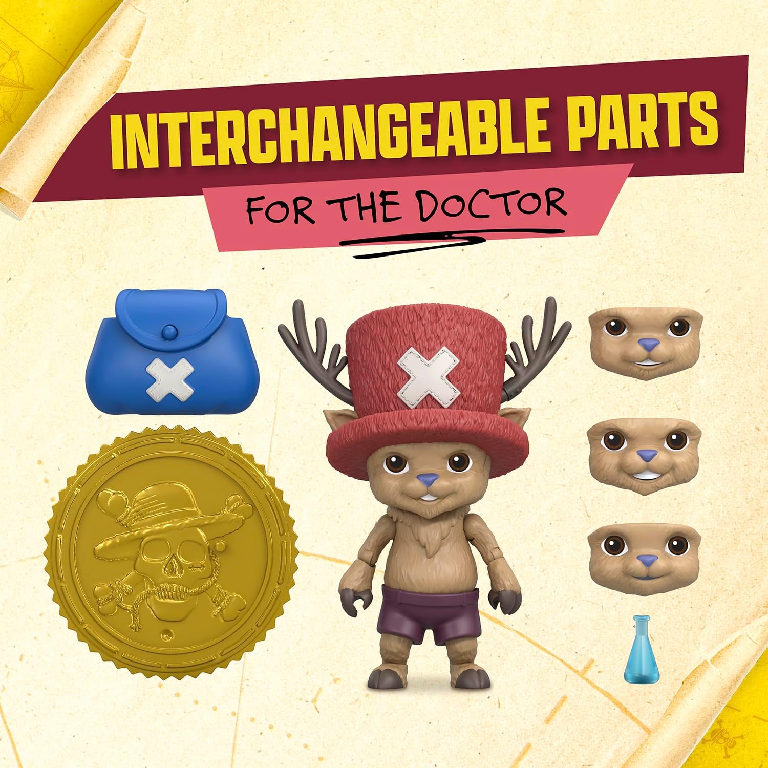 One Piece Tony Tony Chopper - Action figure da 10 cm, con 6 accessori, include espressioni facciali intercambiabili, borsa medica, fiala medica e base per esporre monete ai frutti di bosco