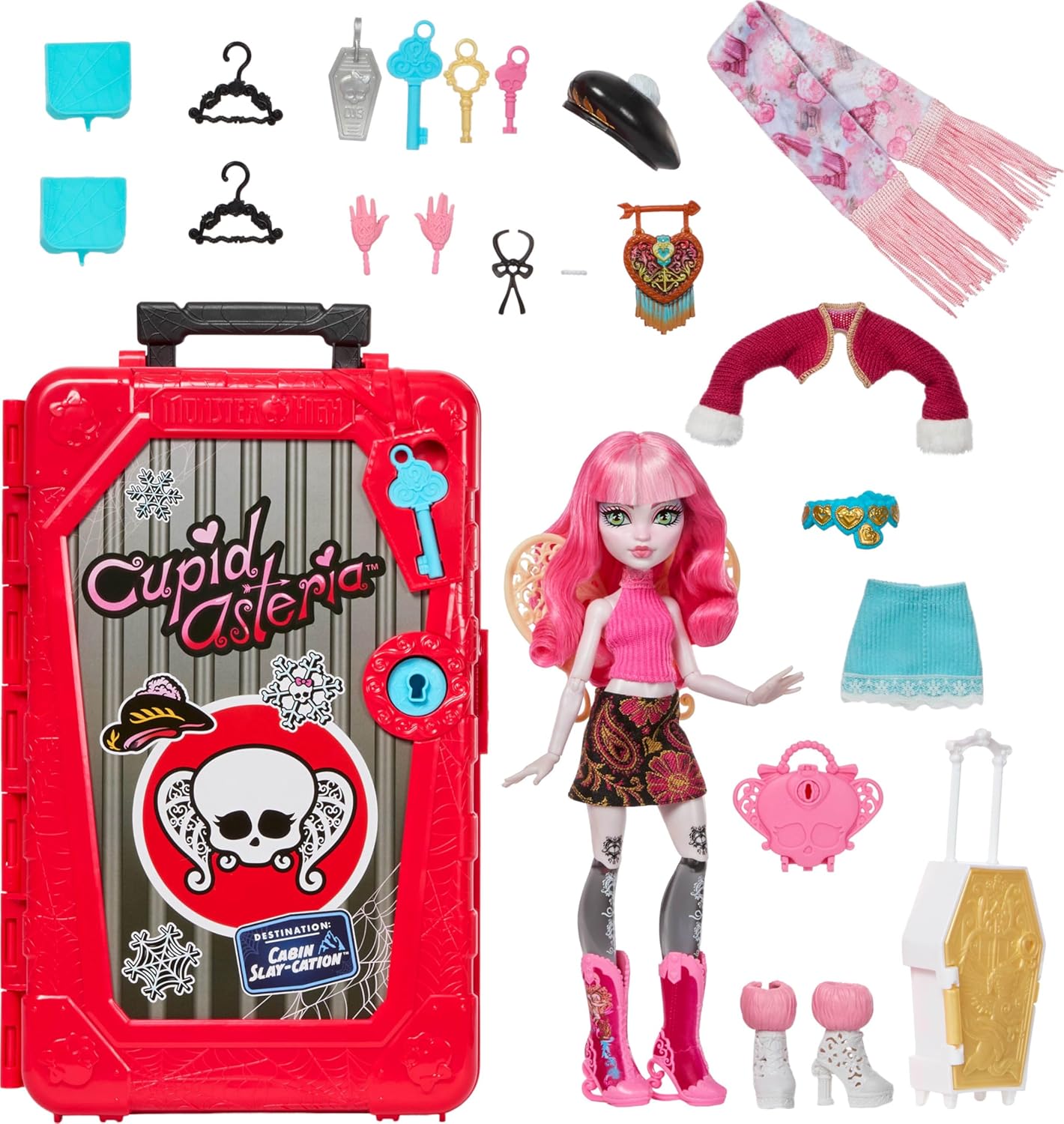 Monster High Skulltimate Secrets Cupid Asteria Doll and Accessories Set, Destination: Cabin Slay-cation with Suitcase and 19+ Surprises like Clothes, JMG66