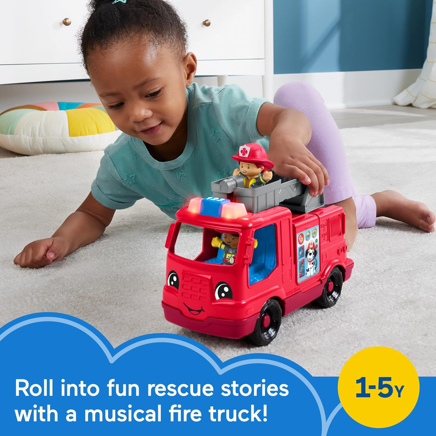 Fisher-Price Little People Toddler Toy Fire Truck Musical Push-Along Vehicle with 2 Figures for Kids Ages 1+ Years, Multilanguage Version, HYR88