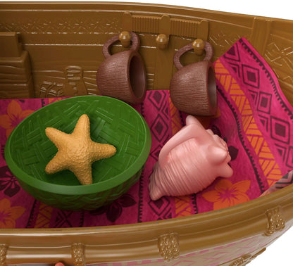 Mattel Disney Toys, Vaiana Floating Boat Playset w/ 5 Play Areas, 9 Accessories, Heihei Animal Figure & Seesaw, Ocean Voyager Canoe, Inspired by Movie, JLN22