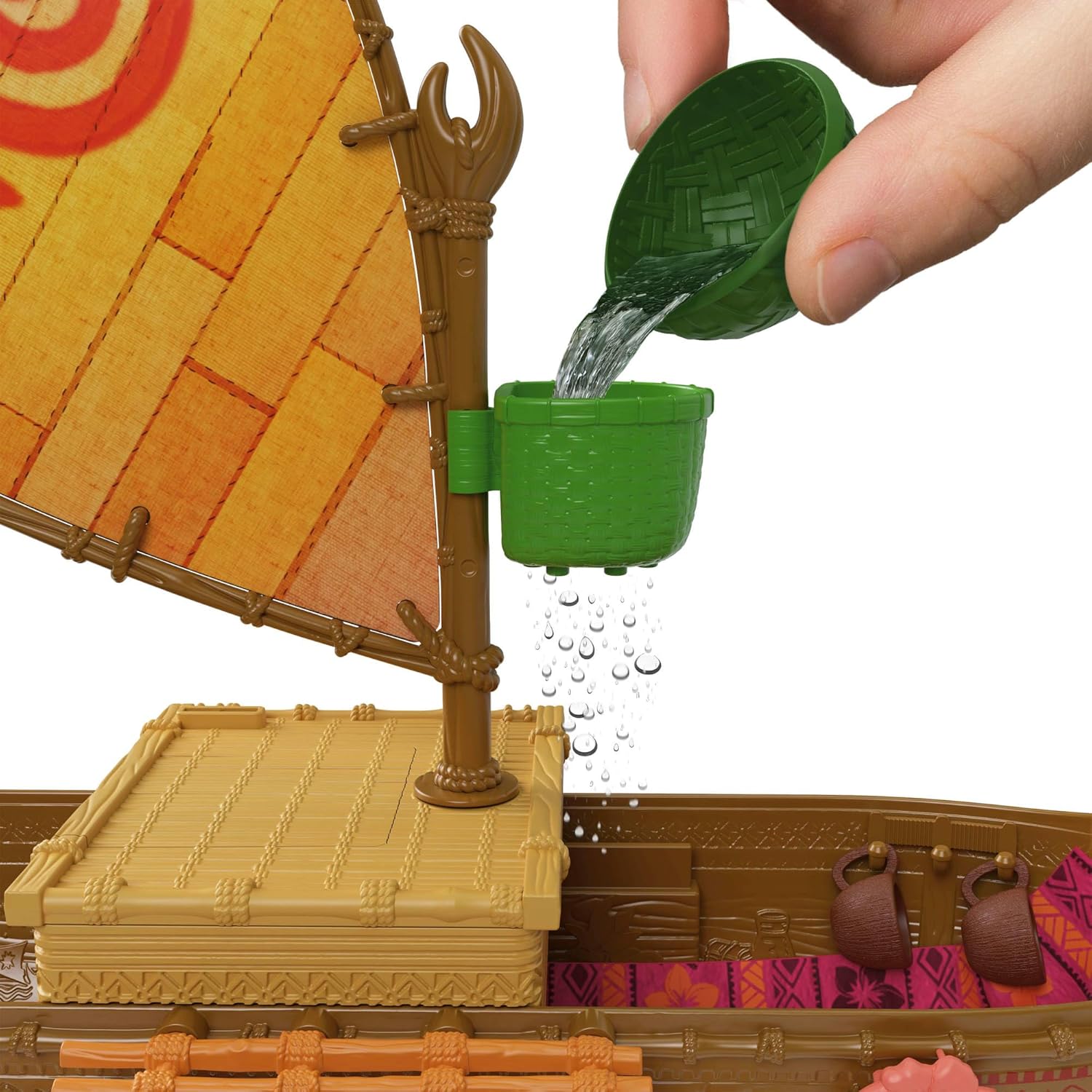 Mattel Disney Toys, Vaiana Floating Boat Playset w/ 5 Play Areas, 9 Accessories, Heihei Animal Figure & Seesaw, Ocean Voyager Canoe, Inspired by Movie, JLN22