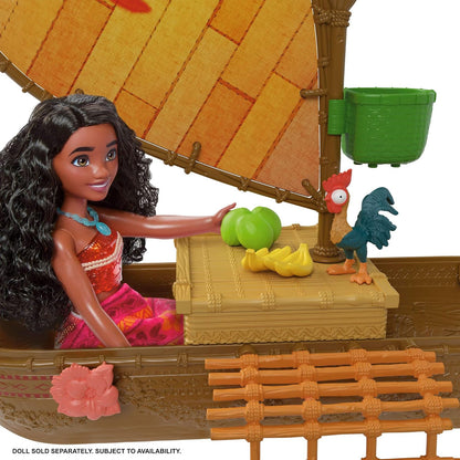 Mattel Disney Toys, Vaiana Floating Boat Playset w/ 5 Play Areas, 9 Accessories, Heihei Animal Figure & Seesaw, Ocean Voyager Canoe, Inspired by Movie, JLN22