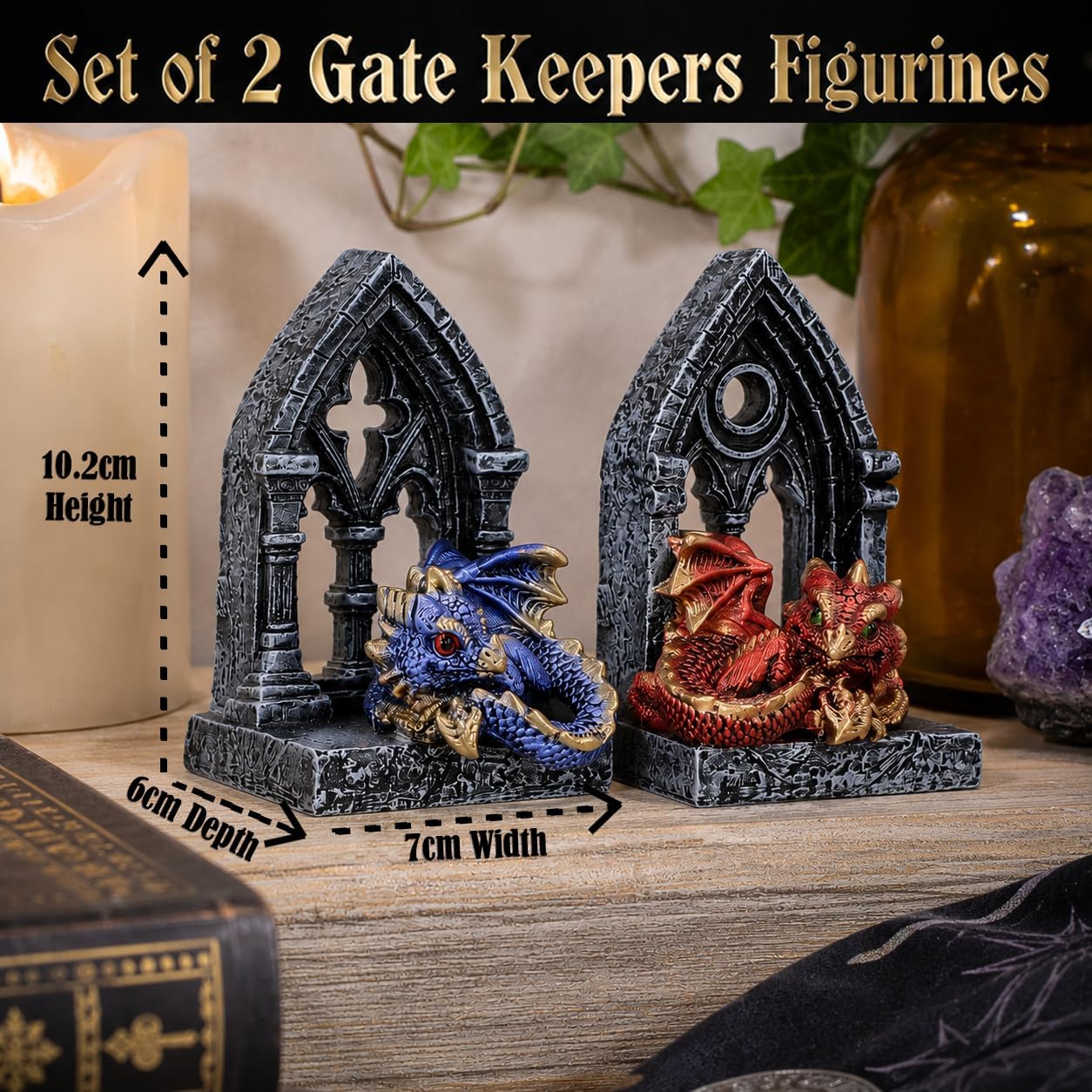 Gate Keepers Dragon Figurine Set of 2 10.2cm – Gothic Dragon Doorway Ornaments, Fantasy Collectible Display Set