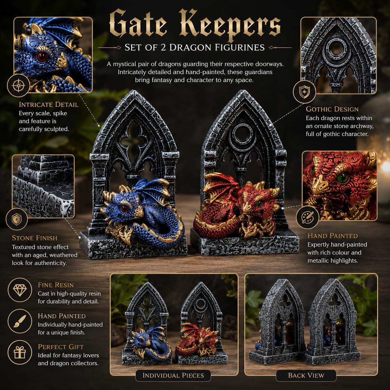 Gate Keepers Dragon Figurine Set of 2 10.2cm – Gothic Dragon Doorway Ornaments, Fantasy Collectible Display Set