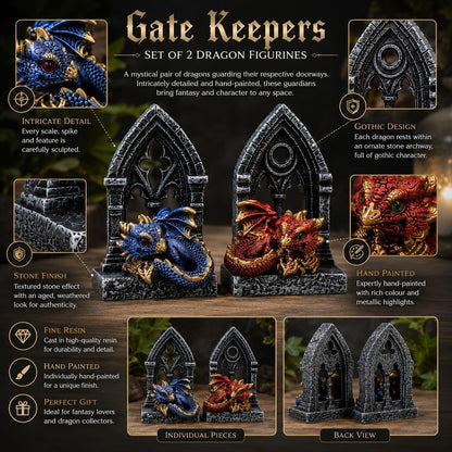 Gate Keepers Dragon Figurine Set of 2 10.2cm – Gothic Dragon Doorway Ornaments, Fantasy Collectible Display Set
