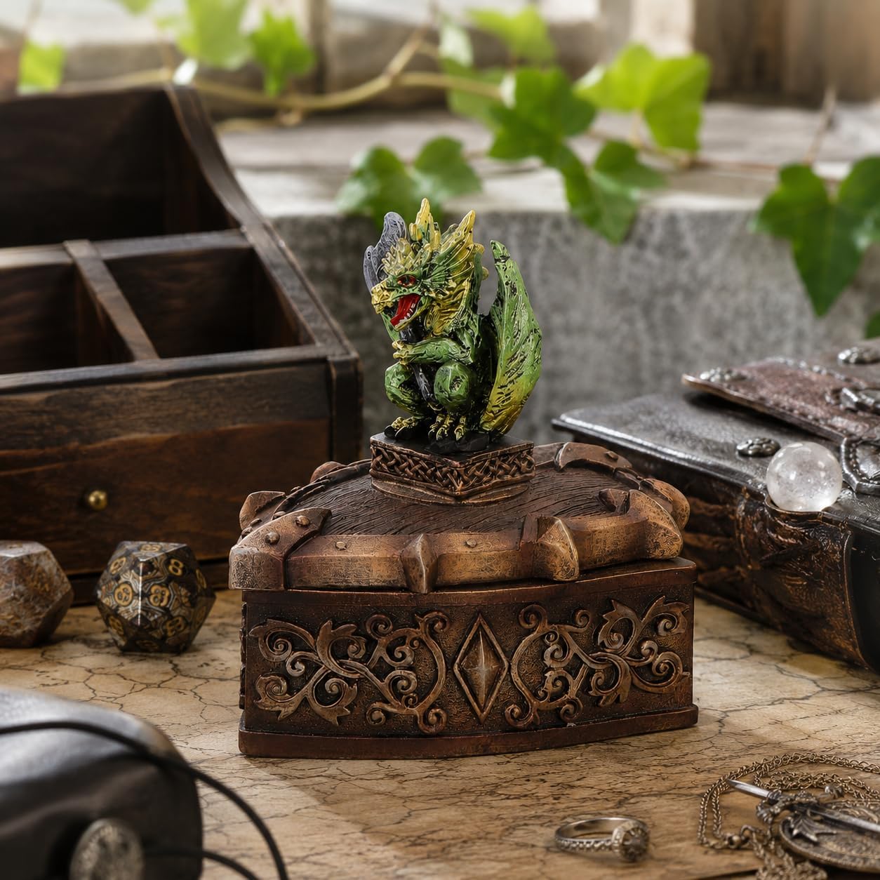 Hoard Defender Box Dragon Trinket Box 10.5cm – Fantasy Shield Storage Box (Green
