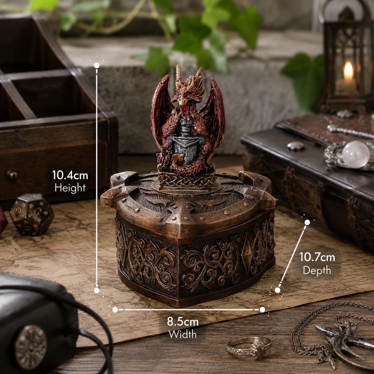 Hoard Defender Box Dragon Trinket Box 10.5cm – Fantasy Shield Storage Box (Red