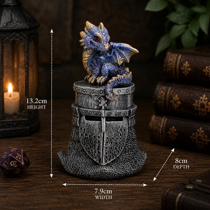 Hatchling Helm Dragon Figurine 13.2cm – Baby Dragon on Knight Helmet Fantasy Ornament (Blue