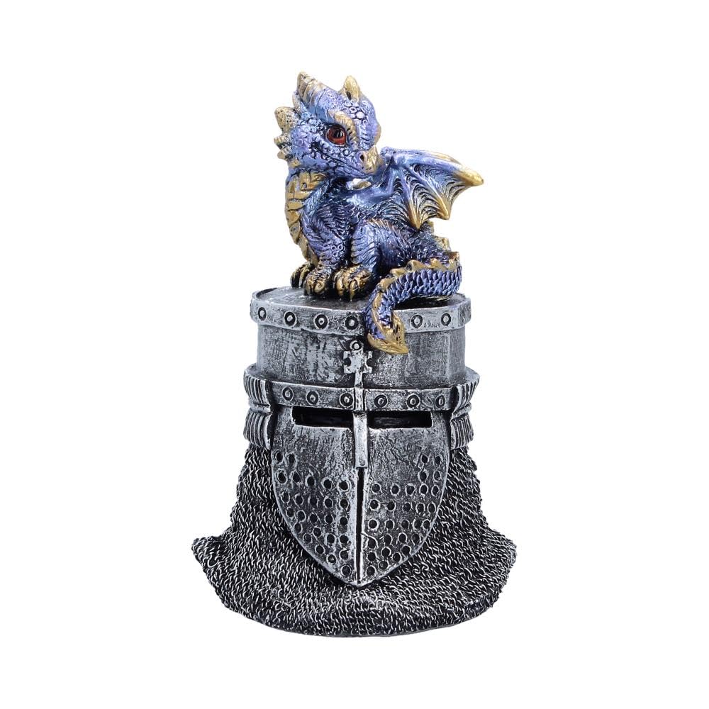 Hatchling Helm Dragon Figurine 13.2cm – Baby Dragon on Knight Helmet Fantasy Ornament (Blue