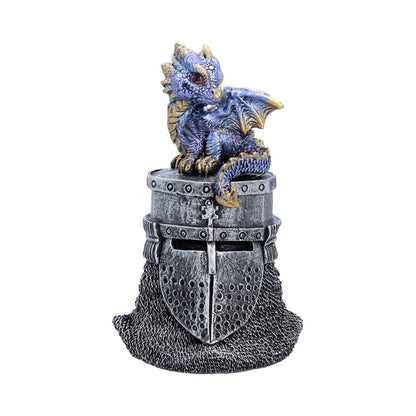 Hatchling Helm Dragon Figurine 13.2cm – Baby Dragon on Knight Helmet Fantasy Ornament (Blue