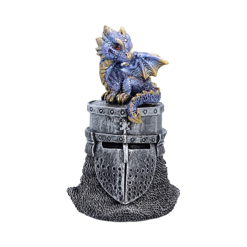 Hatchling Helm Dragon Figurine 13.2cm – Baby Dragon on Knight Helmet Fantasy Ornament (Blue