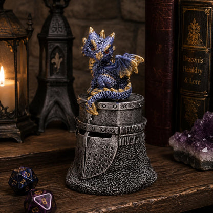 Hatchling Helm Dragon Figurine 13.2cm – Baby Dragon on Knight Helmet Fantasy Ornament (Blue