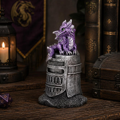 Hatchling Helm Dragon Figurine 13.2cm – Baby Dragon on Knight Helmet Fantasy Ornament (Purple