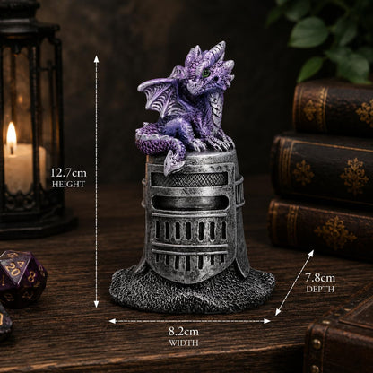 Hatchling Helm Dragon Figurine 13.2cm – Baby Dragon on Knight Helmet Fantasy Ornament (Purple