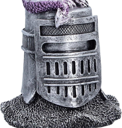 Hatchling Helm Dragon Figurine 13.2cm – Baby Dragon on Knight Helmet Fantasy Ornament (Purple