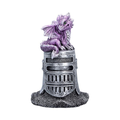 Hatchling Helm Dragon Figurine 13.2cm – Baby Dragon on Knight Helmet Fantasy Ornament (Purple