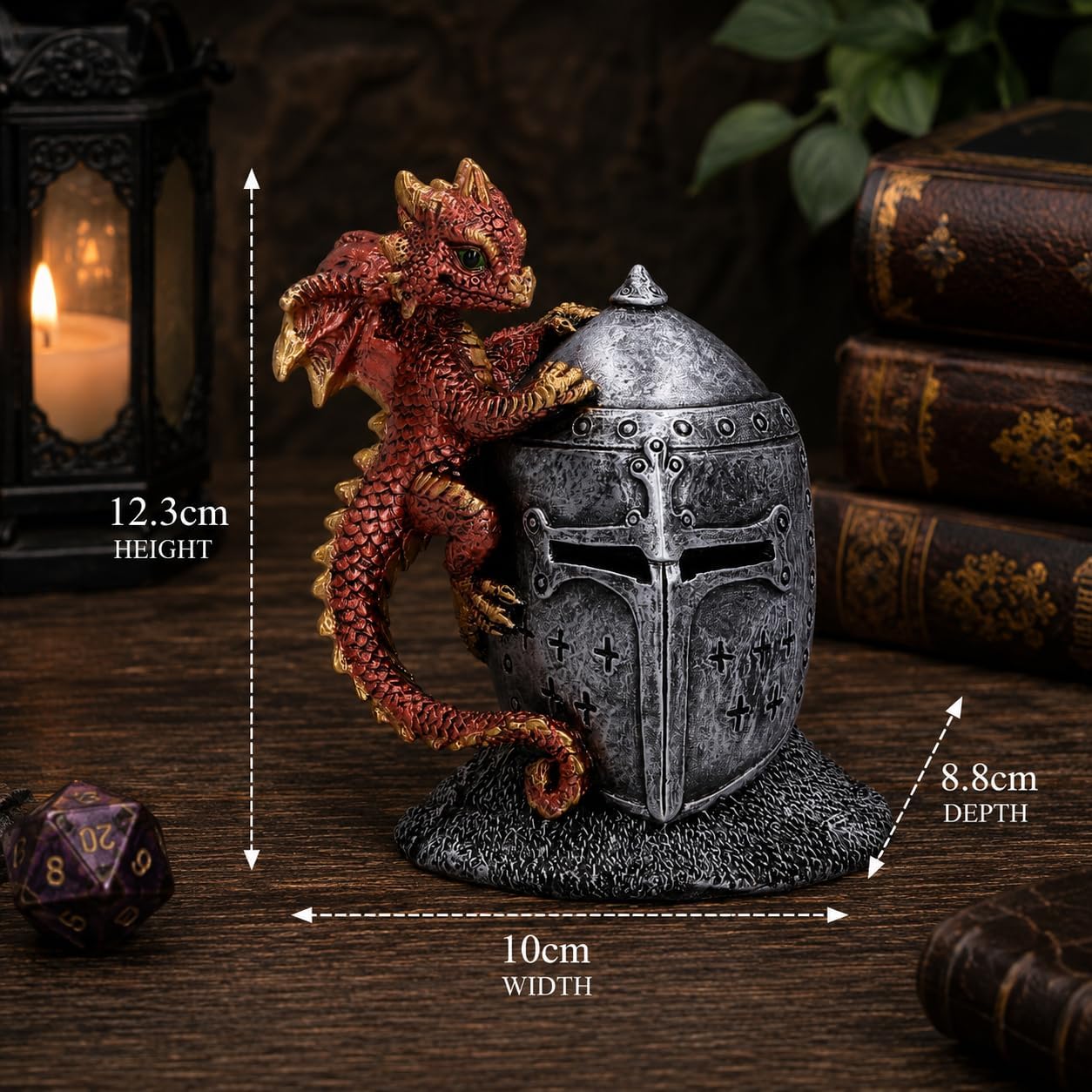 Hatchling Helm Dragon Figurine 13.2cm – Baby Dragon on Knight Helmet Fantasy Ornament (Red