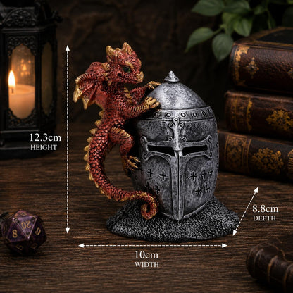 Hatchling Helm Dragon Figurine 13.2cm – Baby Dragon on Knight Helmet Fantasy Ornament (Red