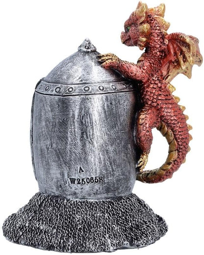 Hatchling Helm Dragon Figurine 13.2cm – Baby Dragon on Knight Helmet Fantasy Ornament (Red