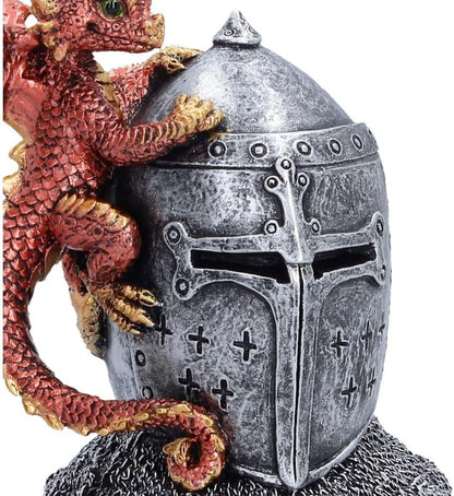 Hatchling Helm Dragon Figurine 13.2cm – Baby Dragon on Knight Helmet Fantasy Ornament (Red