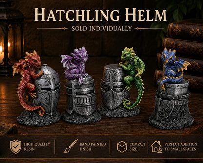 Hatchling Helm Dragon Figurine 13.2cm – Baby Dragon on Knight Helmet Fantasy Ornament (Red