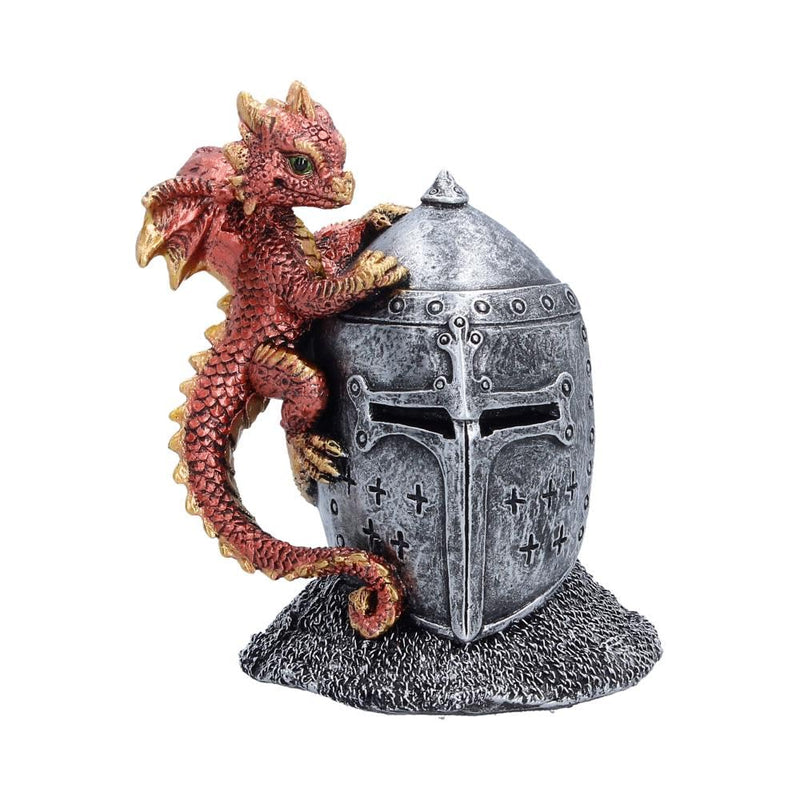 Hatchling Helm Dragon Figurine 13.2cm – Baby Dragon on Knight Helmet Fantasy Ornament (Red